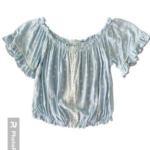 Ocean Drive Baby Doll Cropped Boho Top Womens Small Blue and White